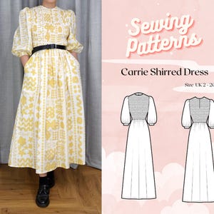 Può includere: Una persona indossa un abito bianco e giallo fantasia con cintura nera. L'abito ha maniche corte a sbuffo e tasche. L'immagine include un modello di cucito con il testo "Sewing Patterns" e "Carrie Shirred Dress."