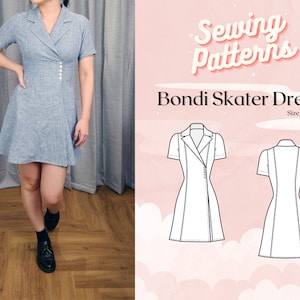May include: A sewing pattern for a Bondi Skater Dress, sizes UK 2-18. The pattern includes a front and back view of the dress, which has a collar, short sleeves, and a wrap-style closure.
