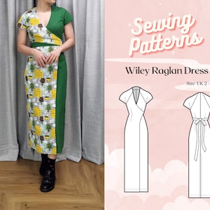 May include: A sewing pattern for a Wiley Raglan Dress, featuring a wrap style with a long skirt. The pattern is available in sizes UK 2-20. The image shows a model wearing a dress made from the pattern, with a green and yellow floral print.