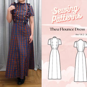 May include: A blue and orange plaid Thea Flounce Dress, worn by a person. The dress features a high collar, short sleeves, and gold buttons. The image includes a sewing pattern with the text "Sewing Patterns" and "Thea Flounce Dress", size UK2-20.
