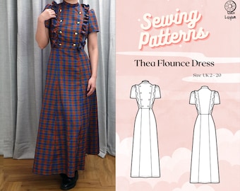 Plus+ Ruffle High Neck Double Breast Short Sleeve Princess Dress Digital PDF Sewing Pattern // Thea Flounce Dress &gt;&gt; UK 20 - 40