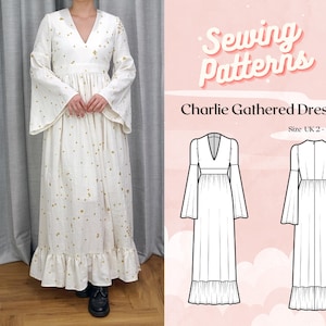 May include: A white, long-sleeved dress with a V-neck and a gathered waist. The dress features bell sleeves and a ruffled hem. Gold-colored dots are scattered across the fabric. The image also includes a sewing pattern for the "Charlie Gathered Dress."