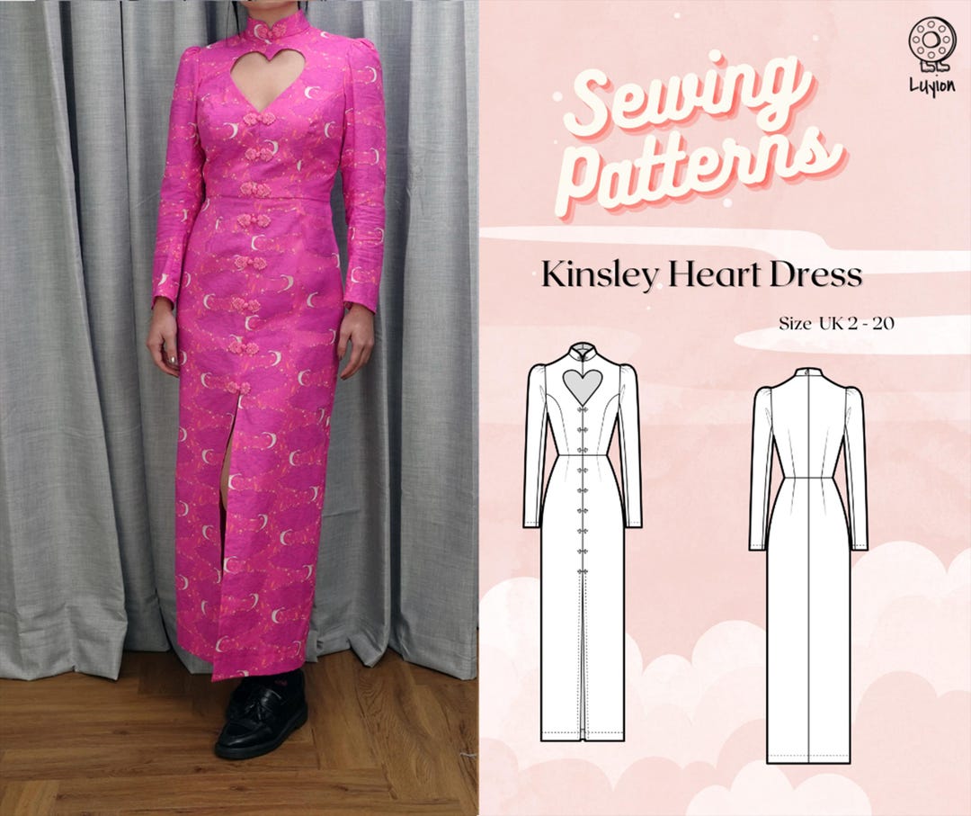 Princess Line Design Pattern Mandarin Collar Heart Cut Out Princess Line Long Sleeve Dress Digital ...