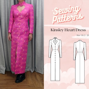 May include: A sewing pattern for a pink heart-shaped neckline dress called the Kinsley Heart Dress. The pattern is available in sizes UK 2-20. The pattern includes a front and back view of the dress.