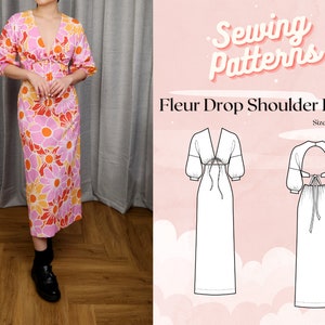 Puede incluir: Un patrón de costura para un vestido Fleur Drop Shoulder, con un fondo rosa y el texto "Sewing Patterns" y "Fleur Drop Shoulder Dress". El patrón es para las tallas UK 2-18.