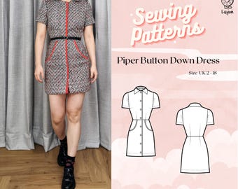 Peut inclure: Patron de couture pour une robe boutonnée appelée Piper Dress. Le patron est disponible dans les tailles UK 2-18. Le patron comprend une vue de face et de dos de la robe.