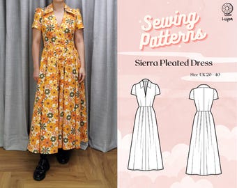 Plus+ Retro Collared V Neck Front Zipper with Pleated Full Skirt Dress Digital PDF Sewing Pattern // Sierra Pleated Dress &gt;&gt; UK 20 - 40