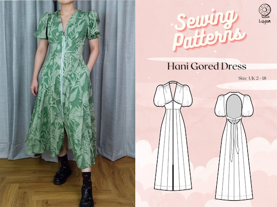 Summer Dress Puff Sleeve Gored Panel Flare Skirt Backless Digital PDF Sewing Pattern Hani Gored Dress Size UK 2 18 Etsy
