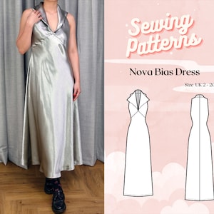 以下が含まれることがあります： 襟付きのシルバーグリーンのバイアス裁断ドレスを着用した人物。ドレスは床まで届く流れるようなデザインです。画像には、サイズUK 2-20の「Nova Bias Dress」の縫製パターンも含まれています。