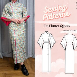 Plus+ Quadratische vordere Öffnung mit Schrägband Cheongsam mit asymmetrischen, gesäumten Ärmeln PDF Schnittmuster // Fei Flutter Qipao >> UK 20 - 40