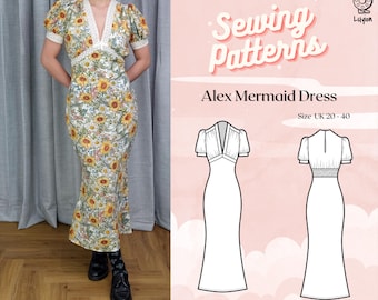 Plus+ Lace Trim V Neck Puff Sleeves Mermaid Style Dress with Shirred Waist Digital PDF Sewing Pattern // Alex Mermaid Dress &gt;&gt; UK 20 - 40