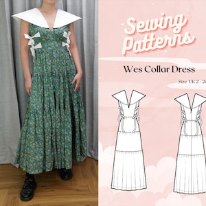 May include: A sewing pattern for a dress with a wide collar and tie details. The pattern is for sizes UK 2-20. The dress is shown in a line drawing on a pink background with clouds.