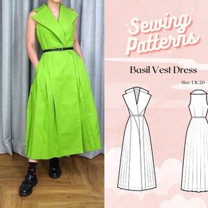 May include: A lime green vest dress with a black belt and pleated skirt. The dress has a collared neckline and pockets. The image also includes a sewing pattern with the text "Sewing Patterns" and "Basil Vest Dress".