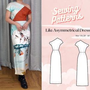 Peut inclure: Robe asymétrique avec un imprimé paysage de montagne. La robe présente une conception à une épaule avec un panneau de couleur rouille et une manche courte. Le texte "Sewing Patterns" et "Lila Asymmetrical Dress" sont visibles. Taille UK 20-40.