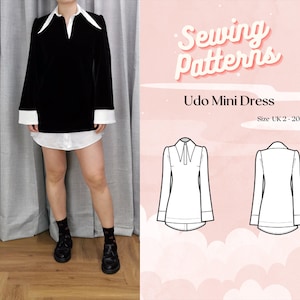 May include: A sewing pattern for a mini dress called the "Udo Mini Dress". The pattern is available in sizes UK 2-20. The image shows a black and white dress with a collar and long sleeves. The dress is shown on a model and also as a line drawing.