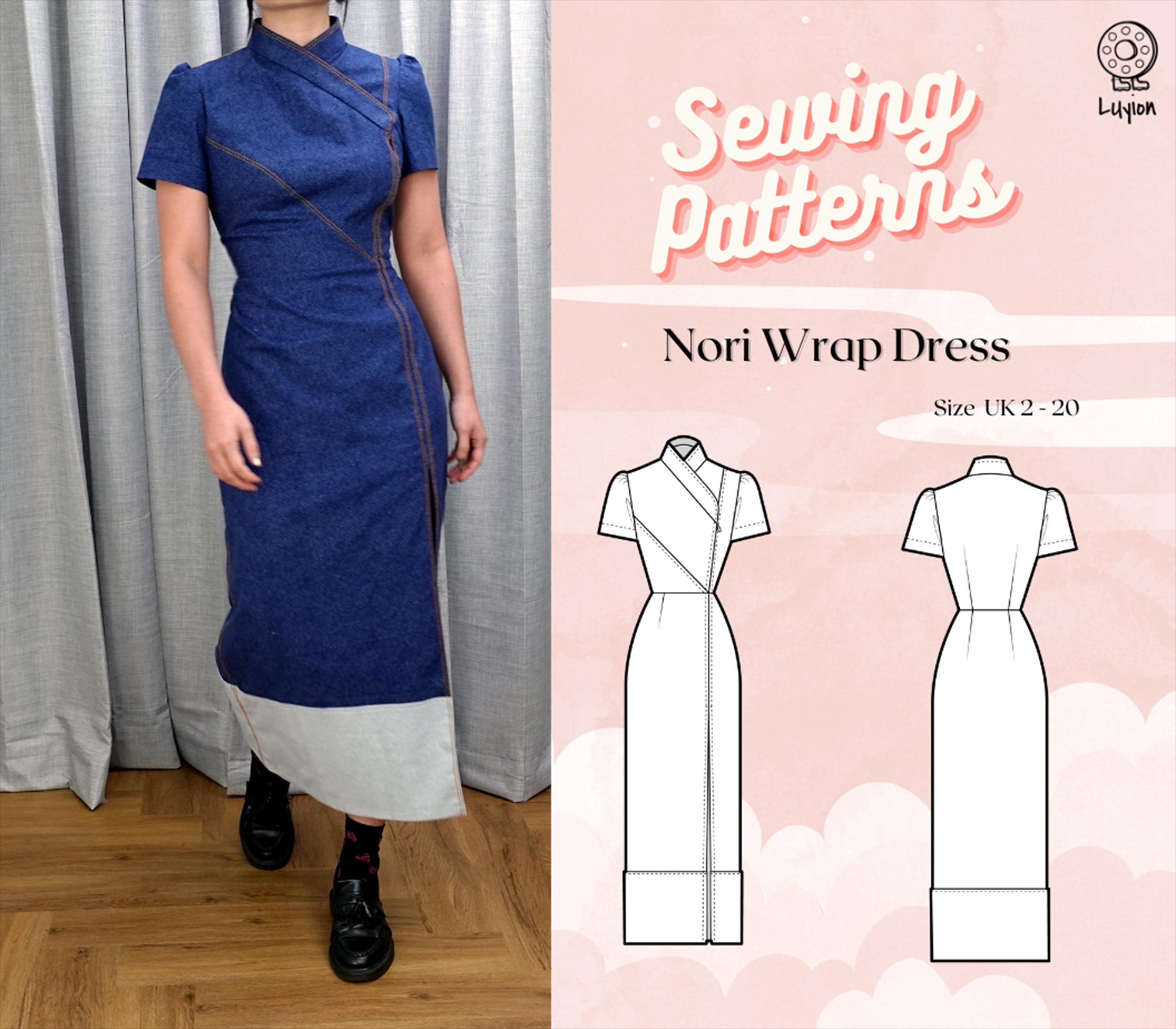 High Collar Wrap Style Short Sleeve with Contrast Hem Dress Digital PDF Sewing Pattern // Nori Wrap Dress >> UK 2 - 20