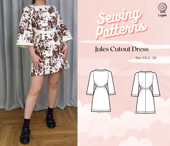 side cut out dress sewing pattern Boat Neck with Cutouts Mini with Flared Sleeves Digital PDF // Jules Cutout Dress >> UK 2-20 Women's Boat Neck Dresses Color:Amber Oak Veneer occasion:outdoor Maxi dress with Included and clearly marked
