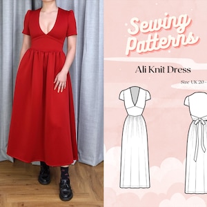 May include: A woman wearing a vibrant red Ali Knit Dress. The dress features a V-neckline, short sleeves, and a flowing skirt. The image also includes a sewing pattern illustration with the text "Sewing Patterns" and "Ali Knit Dress".