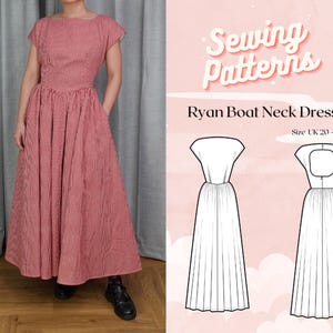Plus+ High Neck Cap Sleeve Backless Dress with Full Gathered Skirt Digital PDF Sewing Pattern // Ryan Boat Neck Dress >> UK 20 - 40