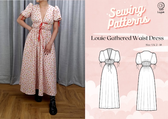Double Drawstring Waist and Puff Sleeves V Neck Dress Digital PDF Sewing  Pattern // Louie Gathered Waist Dress >> Size UK 2-18 - Etsy