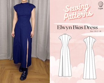 High Neck Bias Cap Sleeve Midi Dress With Slit Digital PDF Sewing Pattern // Elwyn Bias Dress &gt;&gt; Size UK 2-18