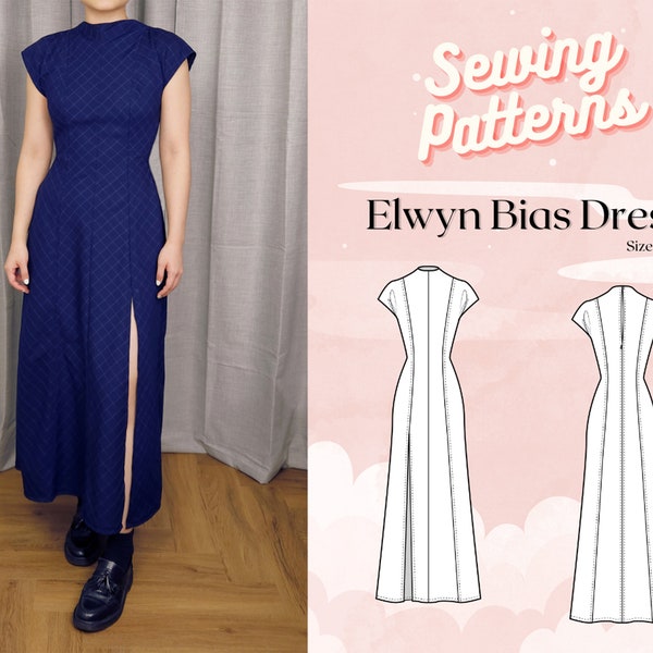 High Neck Bias Cap Sleeve Midi Dress With Slit Digital PDF Sewing Pattern // Elwyn Bias Dress >> Size UK 2-18