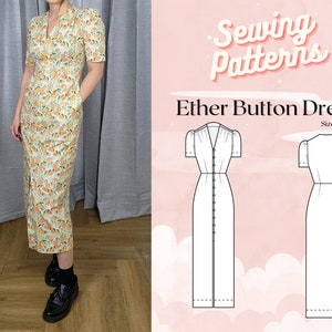 Button Down Puff Sleeve Dress Digital PDF Sewing Pattern // Ether Button Dress >> Size UK 2-18