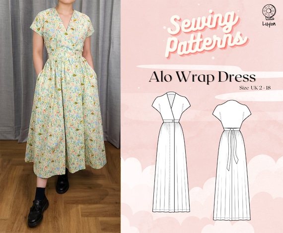 Cap Sleeve Wrap Dress With Flared Gathered Skirt Digital PDF Sewing Pattern  // Alo Wrap Dress >> Size UK 2-18 - Etsy