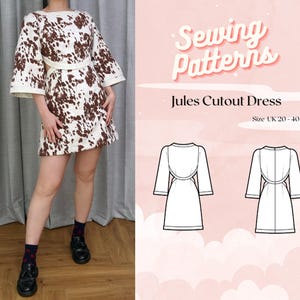 Op de afbeelding: Een korte jurk met een bruin en wit koeienvlekkenpatroon, voorzien van driekwartmouwen en zijdelingse uitsnijdingen. De afbeelding bevat de tekst Sewing Patterns, Jules Cutout Dress, Size UK 20-40 en een technische lijntekening.