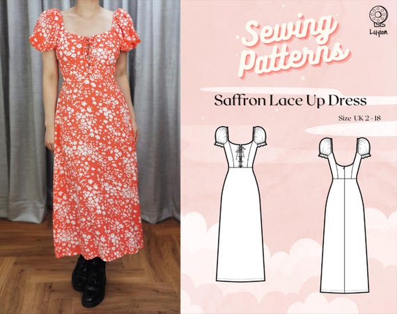 Cottage Elastic Puff Sleeve Lace up Corset Style Flare Dress Digital PDF Sewing  Pattern // Saffron Lace up Dress >> Size Uk 2-18 - Etsy
