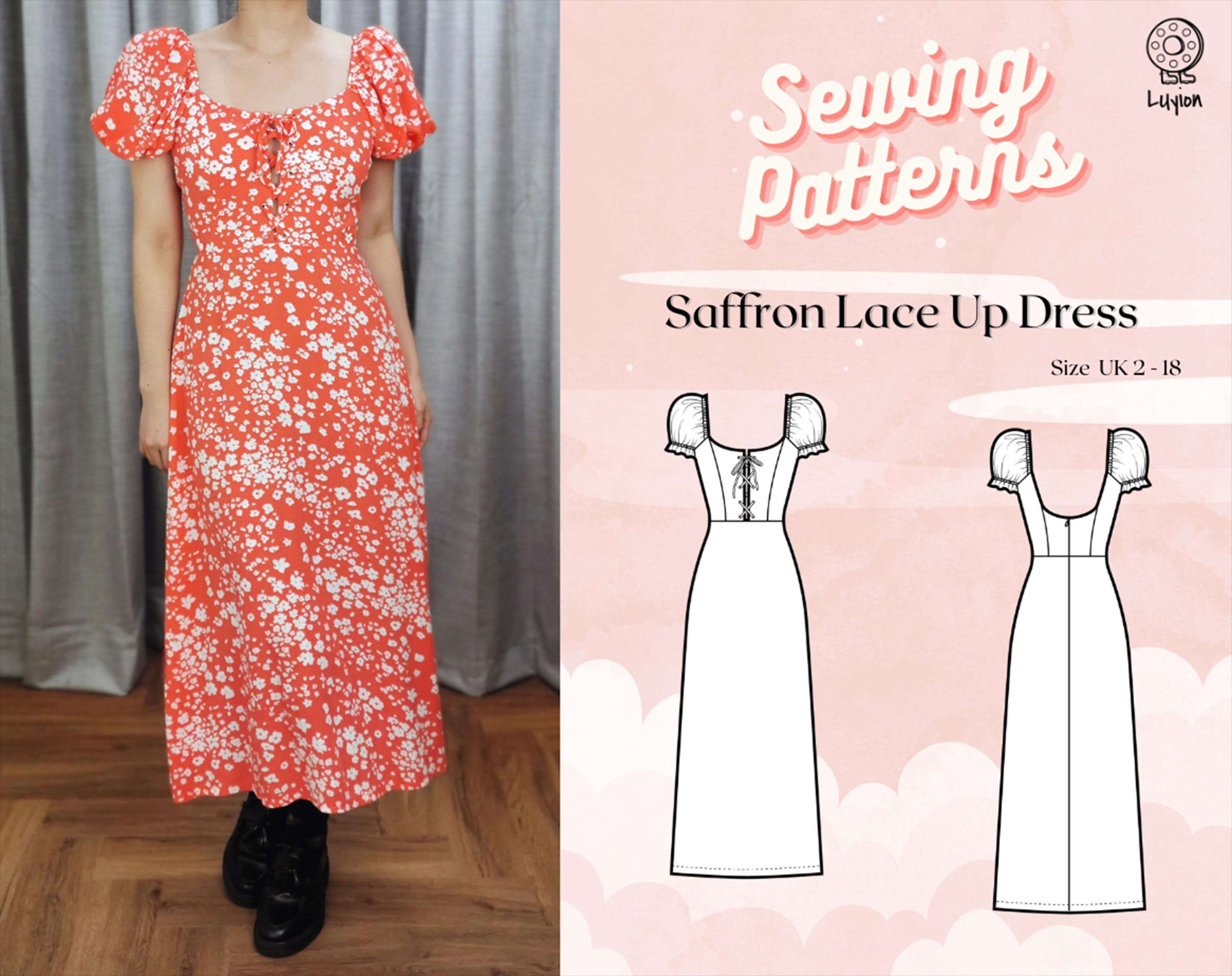 Cottage Elastic Puff Sleeve Lace up Corset Style Flare Dress Digital PDF  Sewing Pattern // Saffron Lace up Dress >> Size Uk 2-18 - Etsy