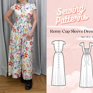 Vestido con mangas cortas, cuello barco, botones, espalda con cordones y falda fruncida, patrón de costura digital en PDF // Vestido con canesú Remy >> UK 2-20