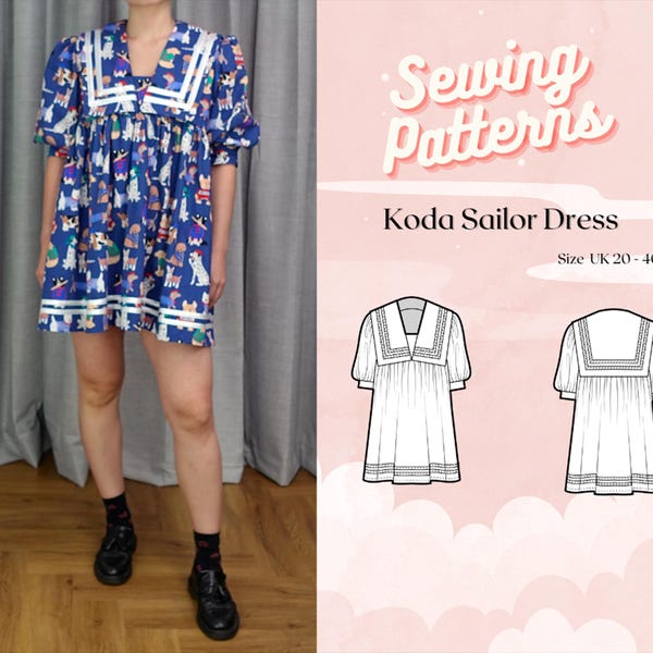 Plus+ mini-robe nuisette froncée à manches bouffantes et col marin Patron de couture PDF numérique//robe marin Koda >> Royaume-Uni 20-40