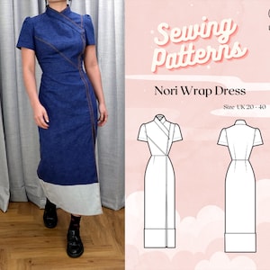 Plus+ High Collar Wrap Style Short Sleeve with Contrast Hem Dress Digital PDF Sewing Pattern // Nori Wrap Dress >> UK 20 - 40