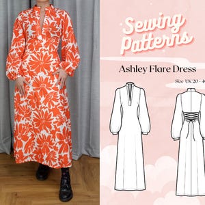 Plus+ Mandarin Collar Open Half Placket Long Puff Sleeve and Lace Up Dress PDF Sewing Pattern // Ashley Flare Dress >> Size UK 20 - 40