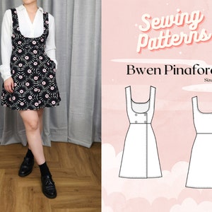 May include: A sewing pattern for a pinafore dress called "Bwen Pinafore" in sizes UK 2-18. The pattern includes a front and back view of the dress.