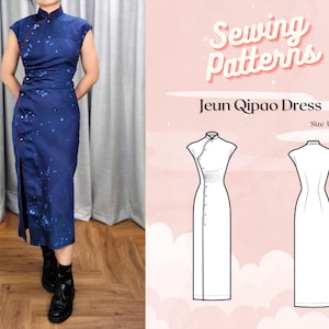 Qipao Snap Button Front Opening With Mandarin Collar and Gathered Waist Digital PDF Sewing Pattern // Jeun Qipao Dress &gt;&gt; Size UK 2-18
