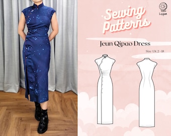 Qipao Snap Button Front Opening With Mandarin Collar and Gathered Waist Digital PDF Sewing Pattern // Jeun Qipao Dress &gt;&gt; Size UK 2-18