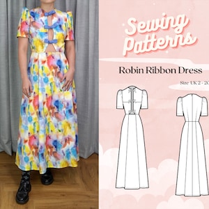 May include: A sewing pattern for a Robin Ribbon Dress, featuring a white dress with a bow at the neckline and short sleeves. The pattern is available in sizes UK 2-20.
