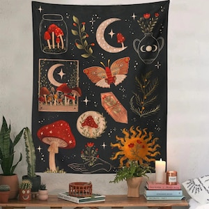 Mushroom Tapestry,Botanical Cactus Tapestry, Wall Hanging Tapestry, Room Decor Tapestry, Hippie Bohemian Psychedelic Witchcraft Home Decor