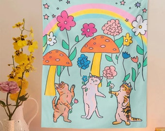 Flower Cats Moon Tapestry, Rainbow Tapestry, Decorative Tapestry, bohemian tapestry, Yoga Carpet, Gifts for her