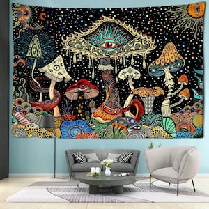 May include: A black tapestry with a psychedelic design featuring mushrooms, an eye, and celestial elements. The artwork is vibrant with colors like red, orange, blue, and green, creating a whimsical and detailed scene. The tapestry is likely used as wall decor.