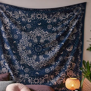 Moon Phase Tapestry, Wall Lounge Hanging, Floral Pattern Tapestry, Moonlit Garden Tapestry Wall Art, Astrology, Background Cloth, Home Décor image 1