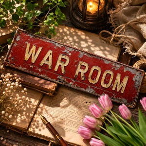May include: A rectangular metal sign with a distressed red finish and the words WAR ROOM printed in large, weathered cream-colored capital letters. The sign features small circular holes at each corner for mounting and shows signs of wear.