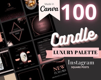 May include: A set of 100 Instagram square posts for a candle business. The posts feature a pink and black color scheme with text that says "New Flavors", "Aromatic Candles", "Candle", "Luxury Palette", "Free Shipping", "Grand Opening Day", "Giveaway", and "Operating Hours".
