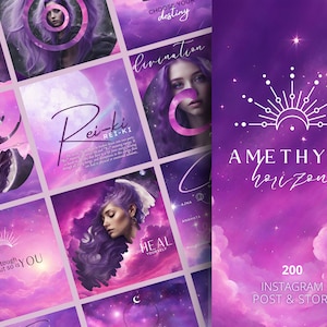 Può includere: Una collezione di 200 modelli di post e storie Instagram con un tema celeste, in tonalità viola e bianco. Il testo "AMETHYST horizon" è presentato al centro dell'immagine.