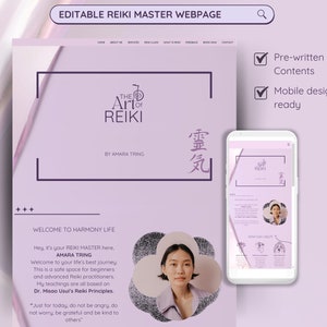 May include: A website mockup for a Reiki Master, featuring a purple background with a white website design. The website is titled "The Art of Reiki" and features a photo of a woman with the text "Welcome to Harmony Life". The website also includes a mobile version of the website.