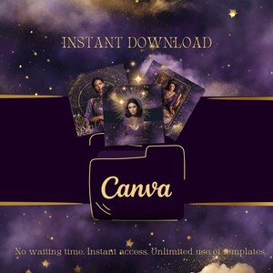 May include: A digital download graphic with a purple and gold celestial theme. The image features the text "INSTANT DOWNLOAD" and "Canva". The background has a starry night sky design. The image also includes three graphics with women in purple dresses.