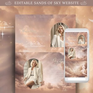 May include: A website mockup with a light brown background featuring clouds and stars. The website is for a spiritual learning space called "Callie's Space". The website has a navigation bar with the following links: Home, About Me, Services, Book Now, and Connect. The website also features a photo of a woman in a white blazer and white shorts. The text "Welcome to Callie's Space" and "Your Spiritual Learning Begins Here" is displayed on the website.