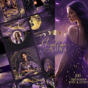 Pode incluir: Uma coleção de 100 modelos de postagem e história do Instagram com um esquema de cores roxo e dourado com imagens celestiais e lunares. O texto "Mystique Luna" aparece no centro da imagem.